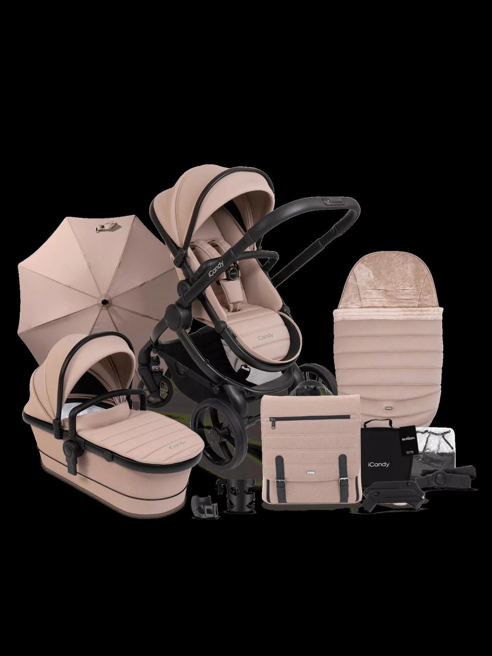 Peach 7 Kinderwagen Complete Bundle – Babywanne, Parasol & Fußsack | iCandy